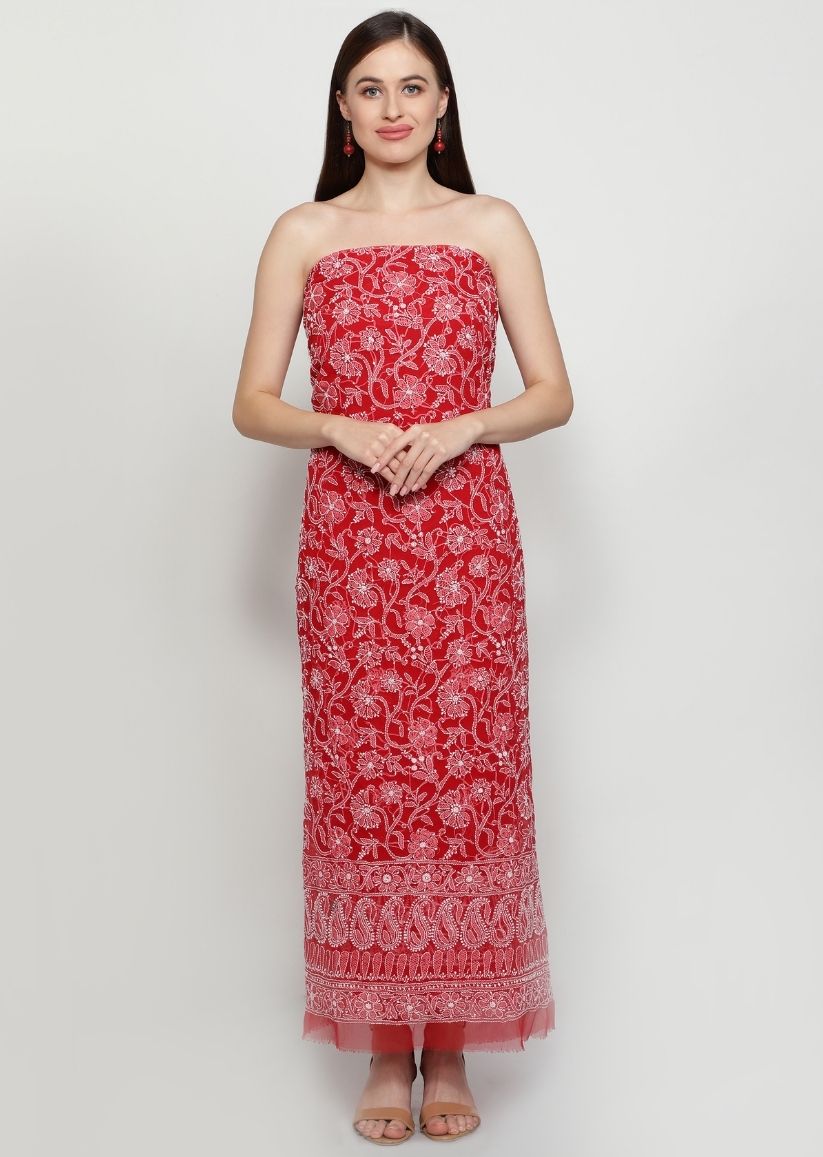 Firgun Red Lucknowi Chikankari Georgette Unstitched Suit Set