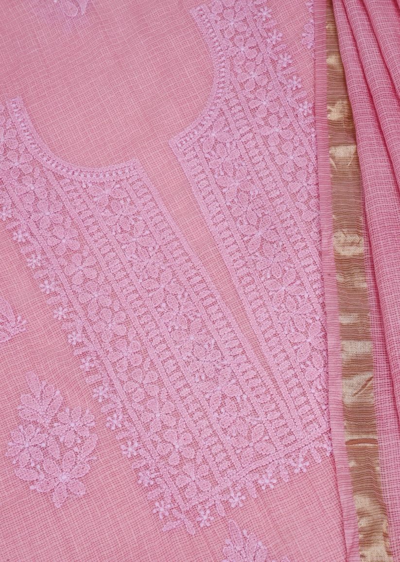 Firgun Pink Lucknowi Chikankari Kota Unstitched Kurta & Dupatta Set