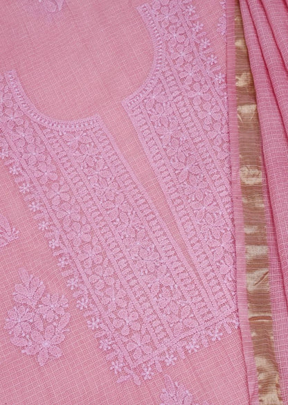 Firgun Pink Lucknowi Chikankari Kota Unstitched Kurta & Dupatta Set
