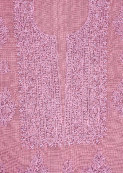 Firgun Pink Lucknowi Chikankari Kota Unstitched Kurta & Dupatta Set