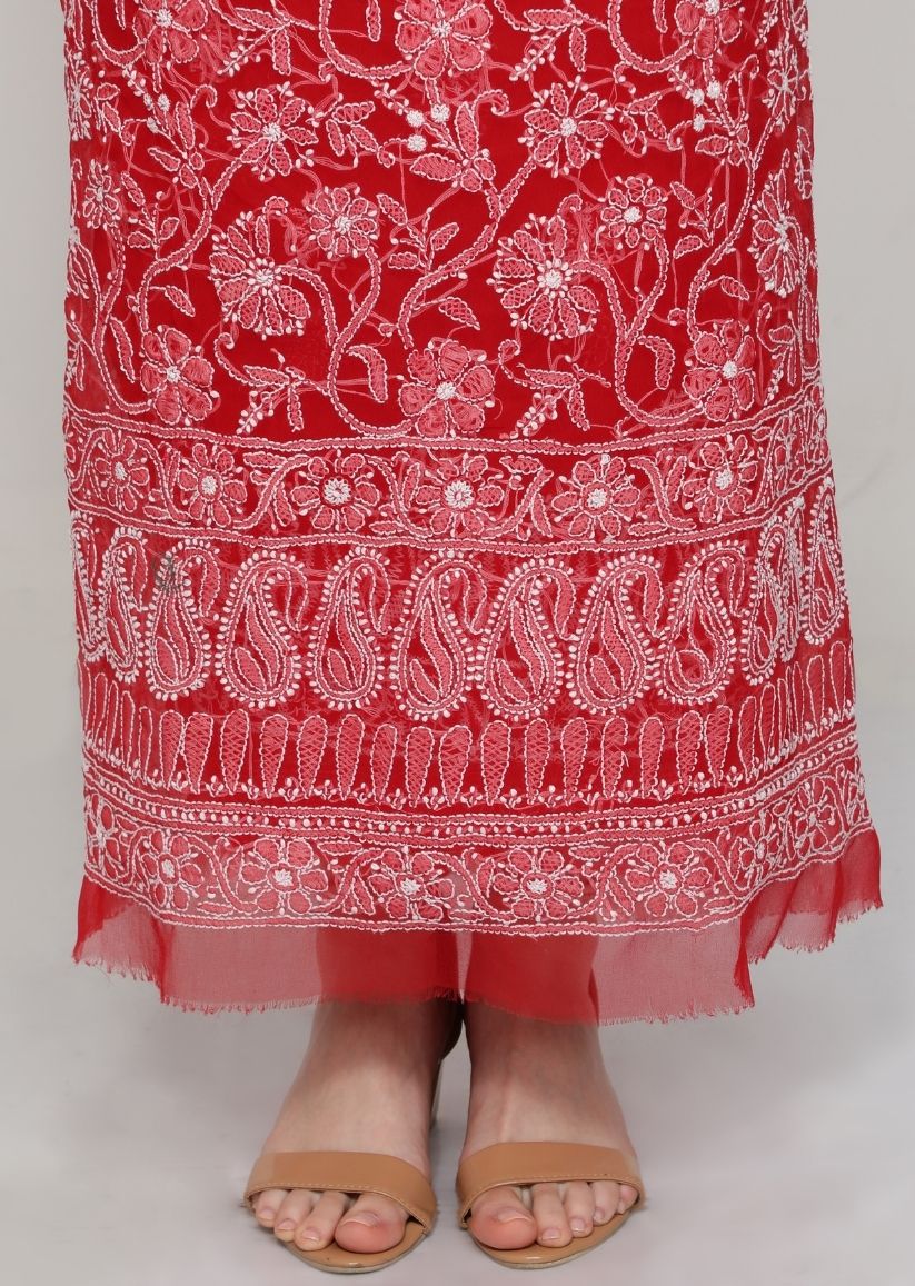 Firgun Red Lucknowi Chikankari Georgette Unstitched Suit Set