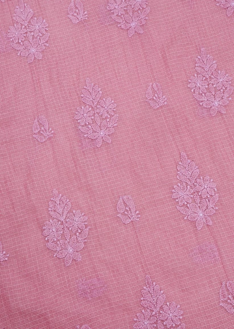 Firgun Pink Lucknowi Chikankari Kota Unstitched Kurta & Dupatta Set