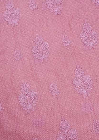 Firgun Pink Lucknowi Chikankari Kota Unstitched Kurta & Dupatta Set