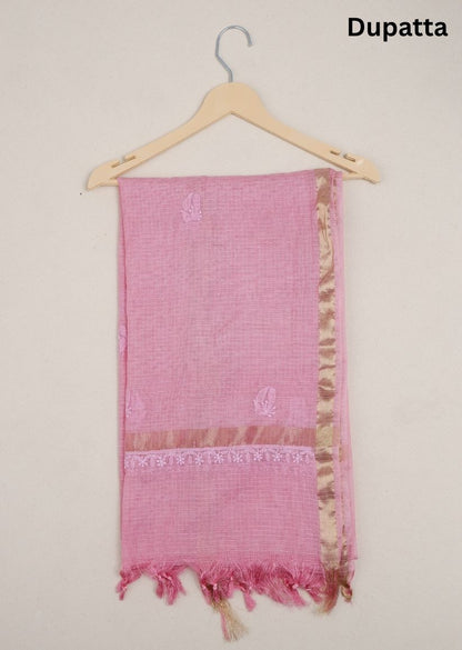 Firgun Pink Lucknowi Chikankari Kota Unstitched Kurta & Dupatta Set