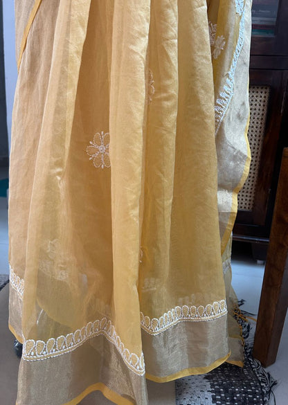 Firgun Beige Lucknowi Chikankari Chanderi Saree with Unstitched Blouse Piece