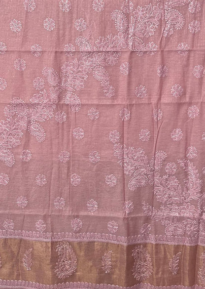 Firgun Onion Pink Lucknowi Chikankari Mul Cotton Saree with Unstitched Blouse Piece