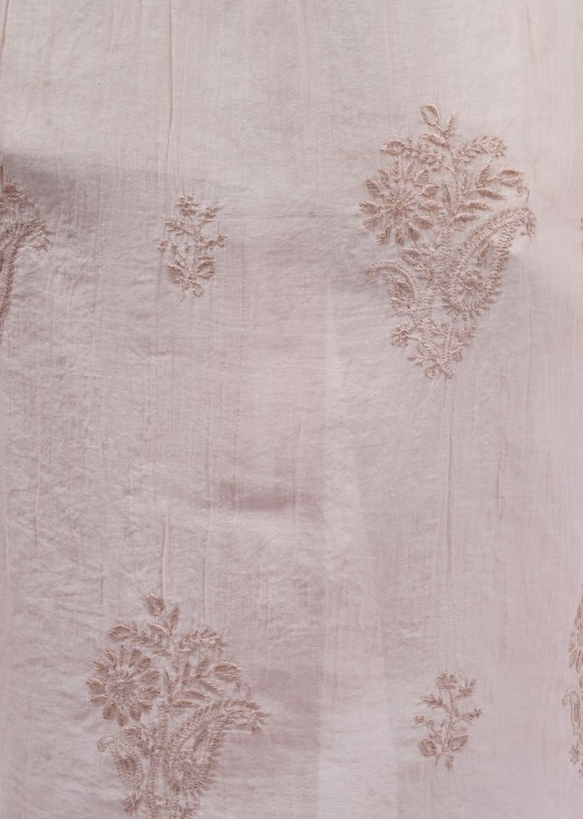 Firgun Beige Lucknowi Chikankari Viscose Mul Chanderi Semi-stitched Anarkali & Dupatta Set