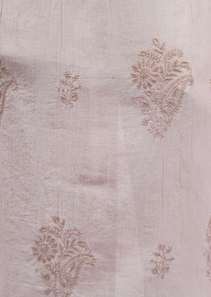 Firgun Beige Lucknowi Chikankari Viscose Mul Chanderi Semi-stitched Anarkali & Dupatta Set