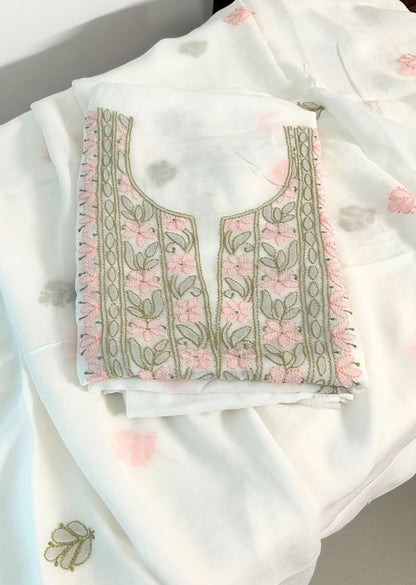 Firgun White Lucknowi Chikankari Viscose Georgette Unstitched Kurta & Dupatta Set