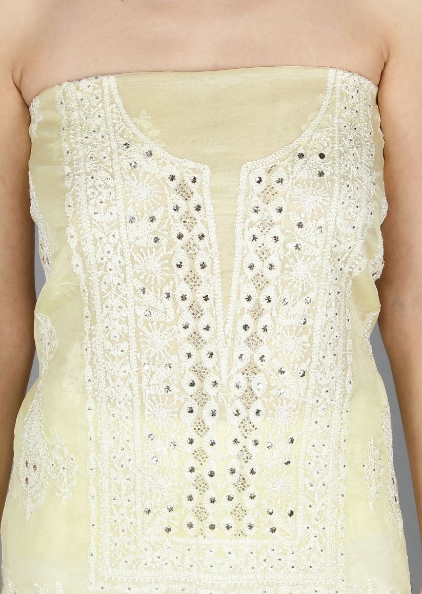 Firgun Lemon Lucknowi Chikankari and Mukaish Work Organza Unstitched Kurta & Dupatta Set