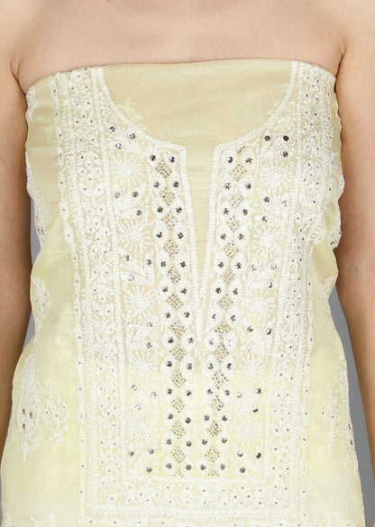 Firgun Lemon Lucknowi Chikankari and Mukaish Work Organza Unstitched Kurta & Dupatta Set