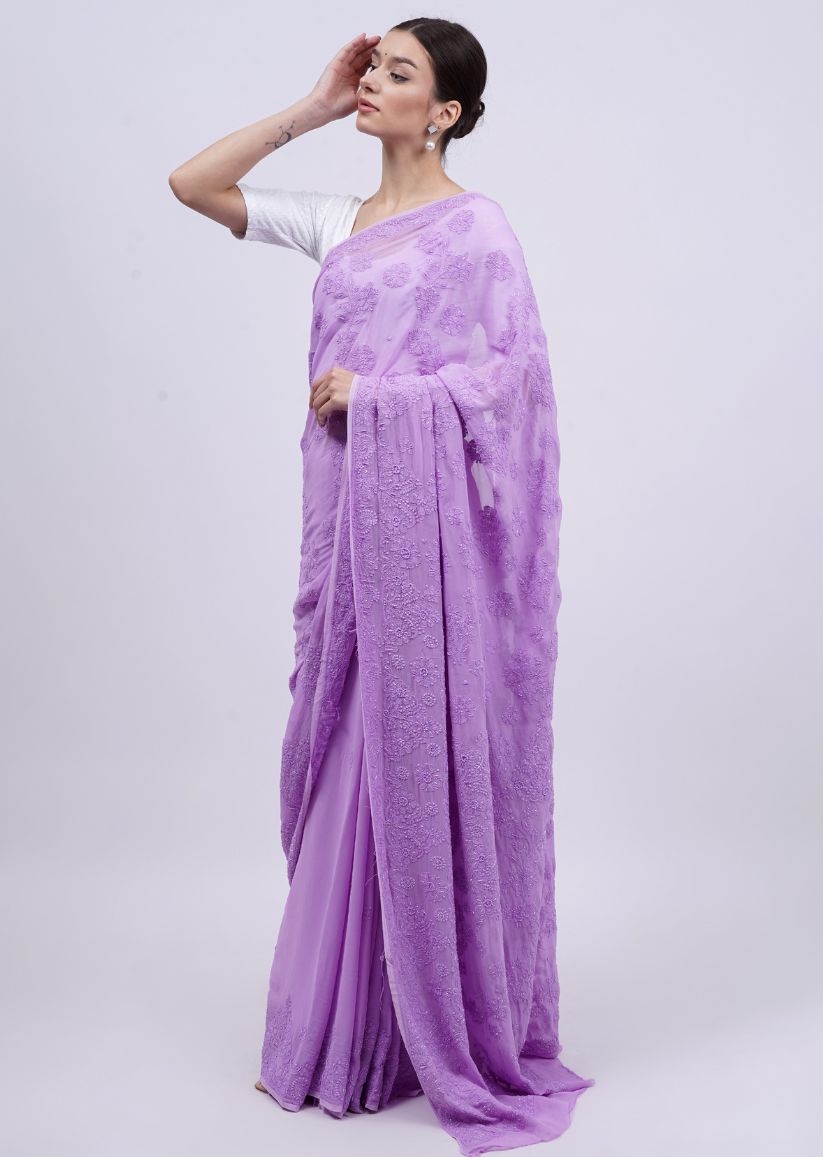 Firgun Lavender Lucknowi Chikankari Viscose Georgette Saree with Unstitched Blouse Piece