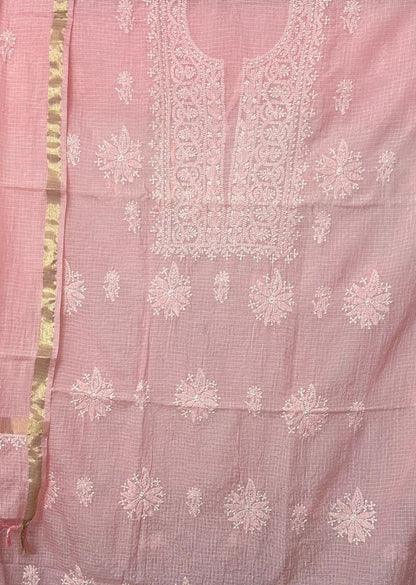 Firgun Peach Lucknowi Chikankari Kota Unstitched Kurta & Dupatta Set