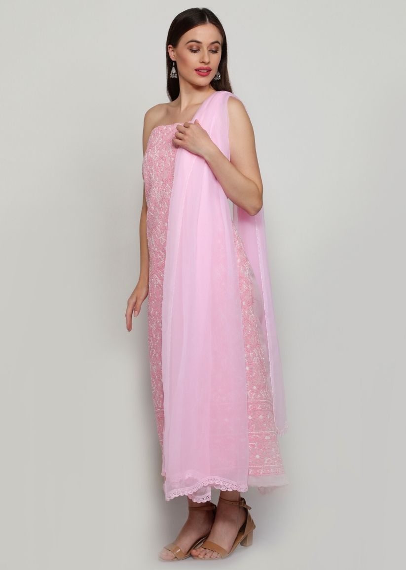 Firgun Pink Lucknowi Chikankari Cotton Unstitched Suit Set