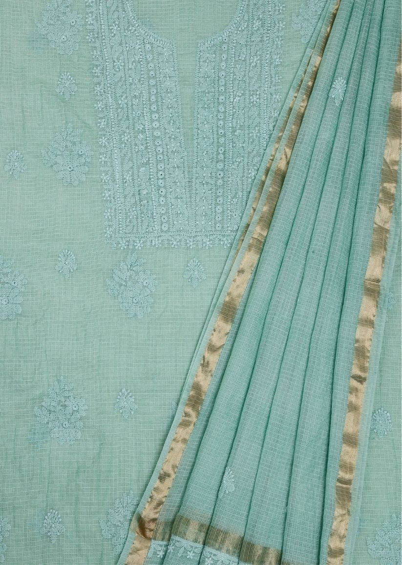 Firgun Mint Green Lucknowi Chikankari Kota Unstitched Kurta & Dupatta Set