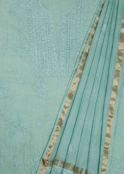 Firgun Mint Green Lucknowi Chikankari Kota Unstitched Kurta & Dupatta Set