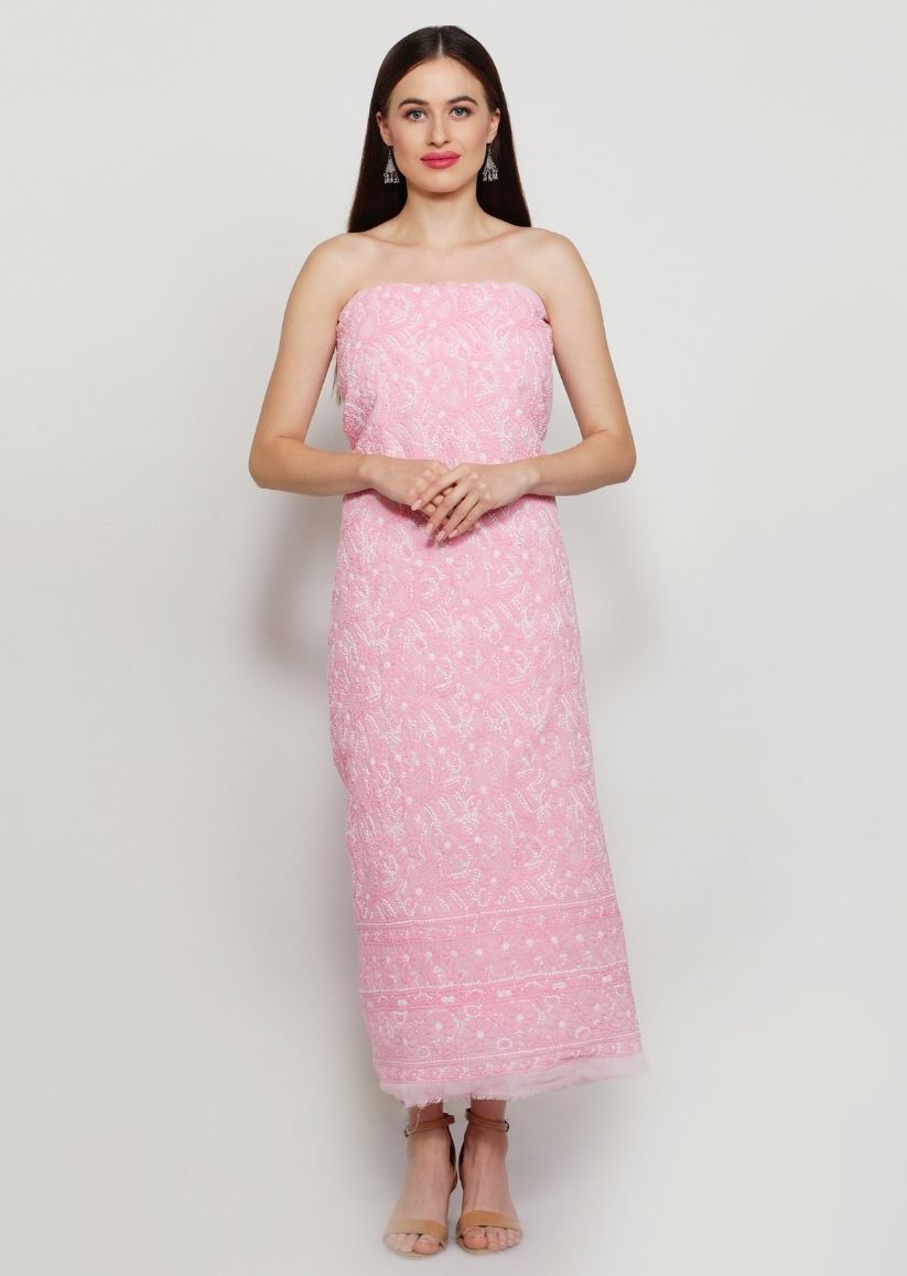 Firgun Pink Lucknowi Chikankari Cotton Unstitched Suit Set