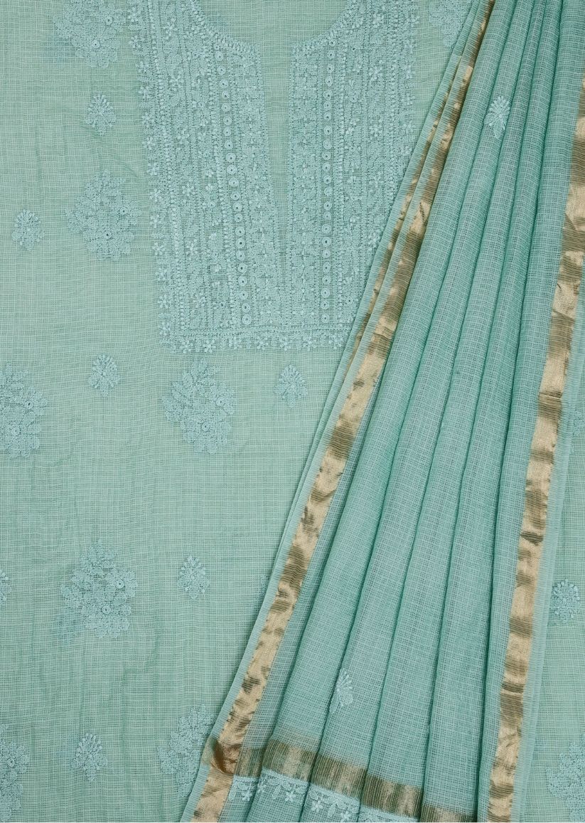 Firgun Mint Green Lucknowi Chikankari Kota Unstitched Kurta & Dupatta Set