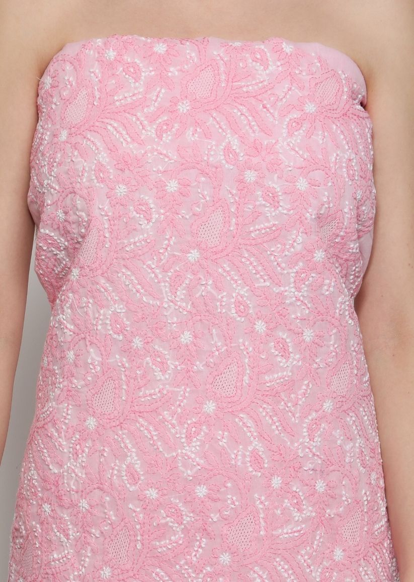 Firgun Pink Lucknowi Chikankari Cotton Unstitched Suit Set