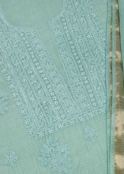 Firgun Mint Green Lucknowi Chikankari Kota Unstitched Kurta & Dupatta Set