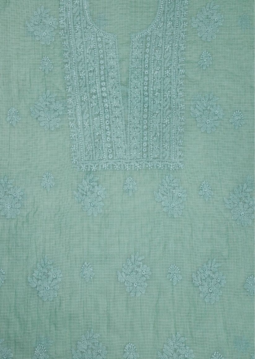 Firgun Mint Green Lucknowi Chikankari Kota Unstitched Kurta & Dupatta Set