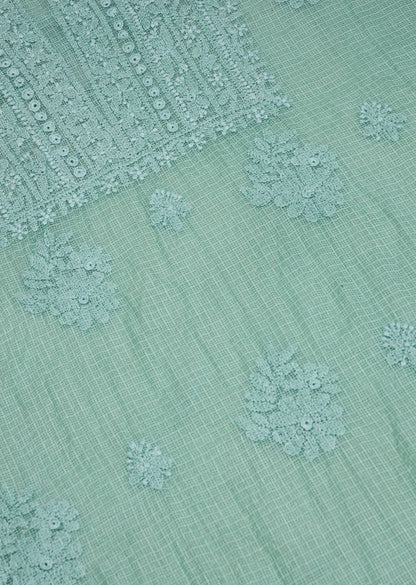 Firgun Mint Green Lucknowi Chikankari Kota Unstitched Kurta & Dupatta Set