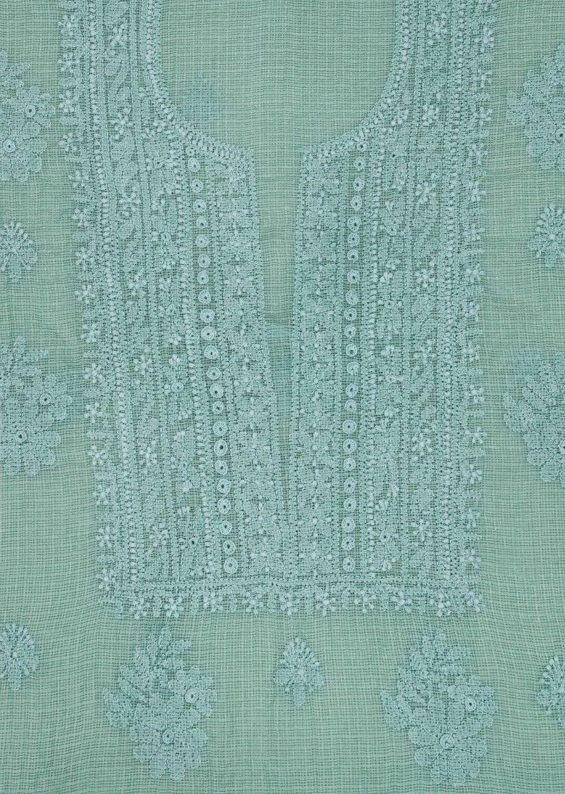 Firgun Mint Green Lucknowi Chikankari Kota Unstitched Kurta & Dupatta Set