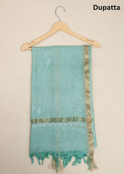 Firgun Mint Green Lucknowi Chikankari Kota Unstitched Kurta & Dupatta Set