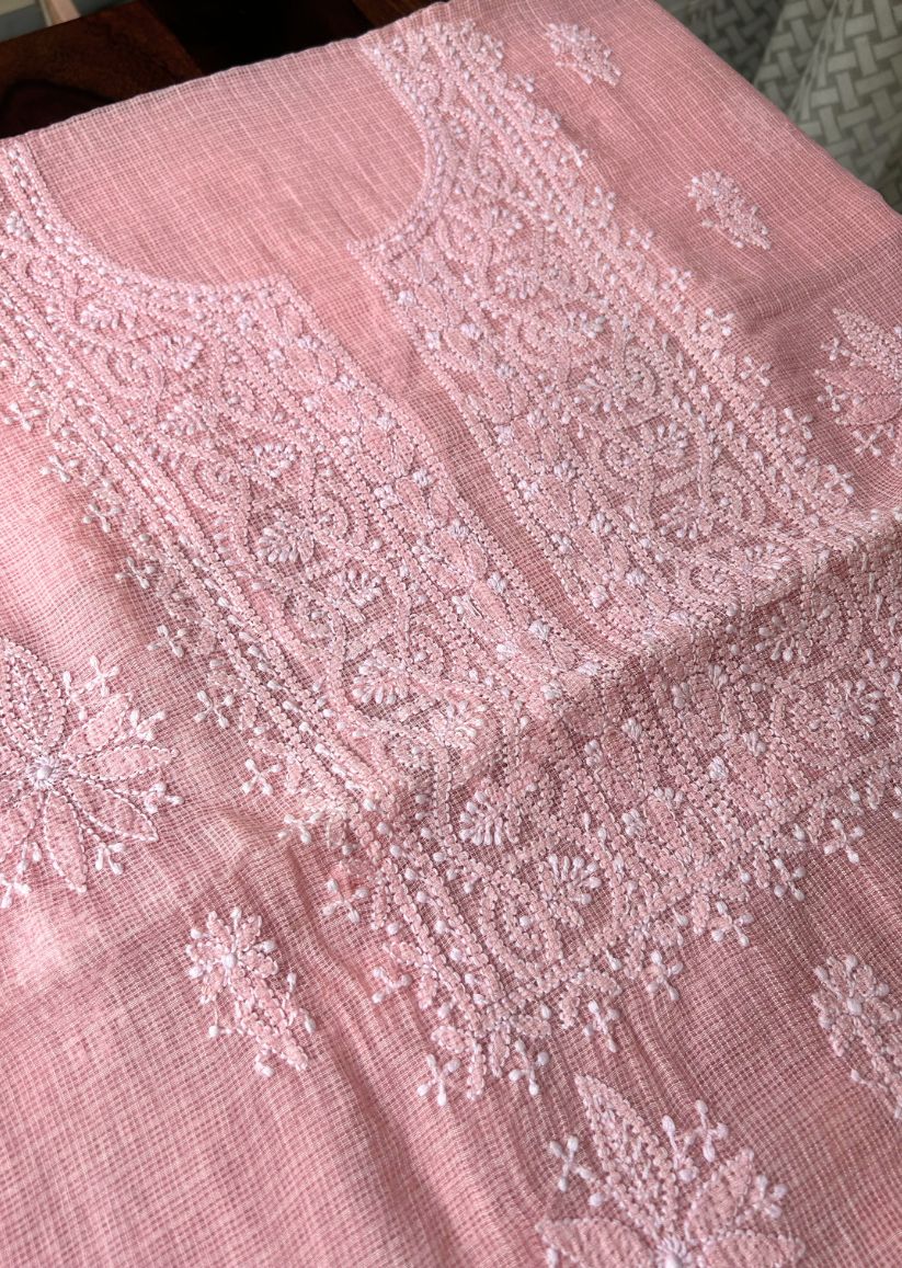 Firgun Peach Lucknowi Chikankari Kota Unstitched Kurta & Dupatta Set