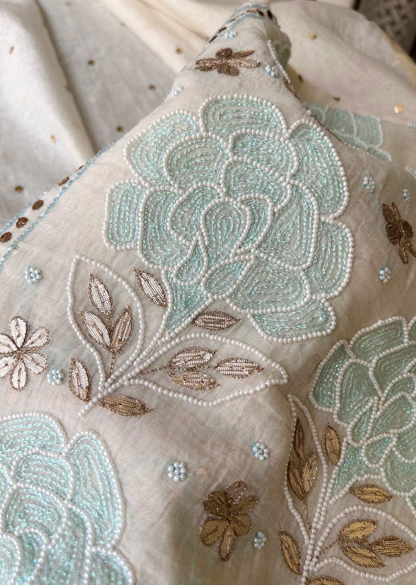 Firgun White Mul Chanderi Unstitched Kurta & Dupatta Set