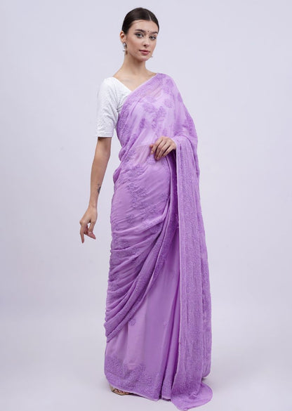 Firgun Lavender Lucknowi Chikankari Viscose Georgette Saree with Unstitched Blouse Piece