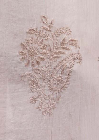 Firgun Beige Lucknowi Chikankari Viscose Mul Chanderi Semi-stitched Anarkali & Dupatta Set