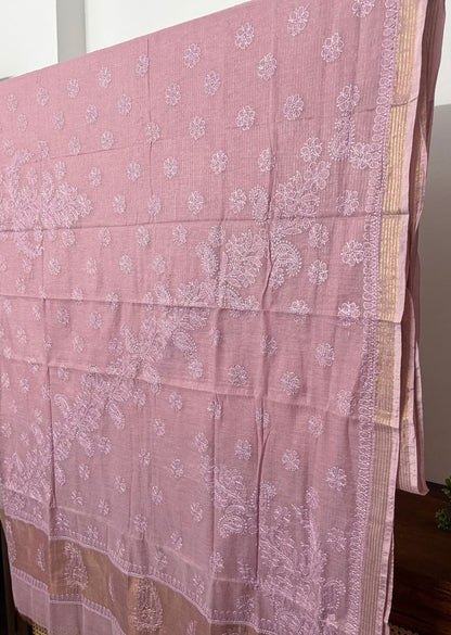 Firgun Onion Pink Lucknowi Chikankari Mul Cotton Saree with Unstitched Blouse Piece