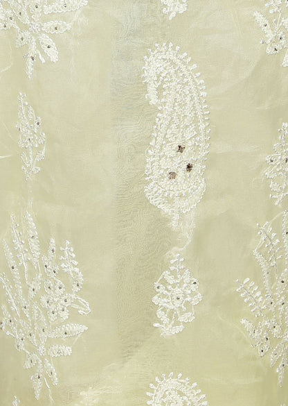 Firgun Lemon Lucknowi Chikankari and Mukaish Work Organza Unstitched Kurta & Dupatta Set