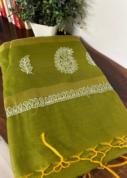 Firgun Olive Lucknowi Chikankari Chanderi Saree with Unstitched Blouse Piece