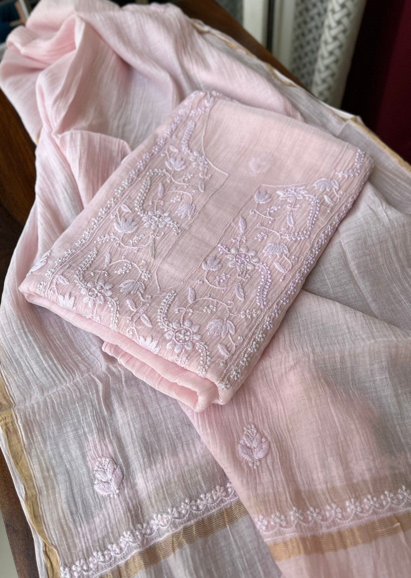 Firgun Baby Pink Lucknowi Chikankari Mul Chanderi Unstitched Kurta & Dupatta Set