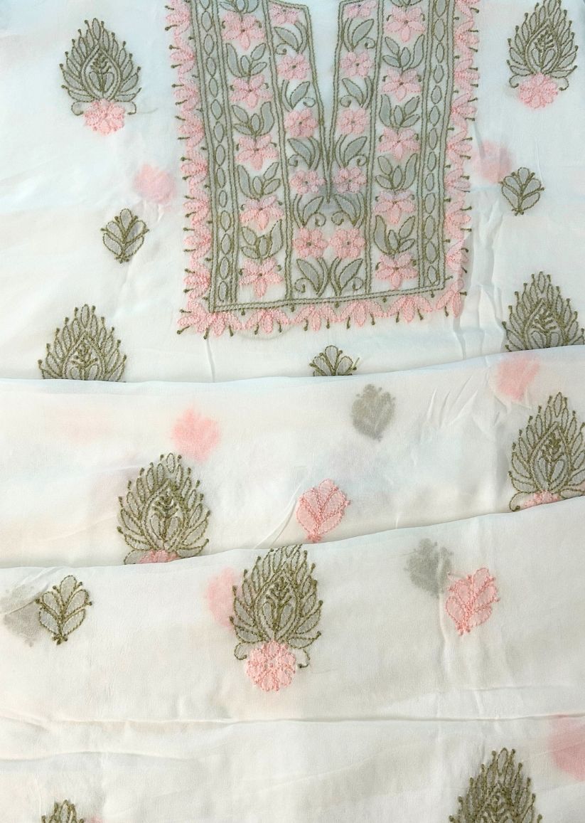 Firgun White Lucknowi Chikankari Viscose Georgette Unstitched Kurta & Dupatta Set