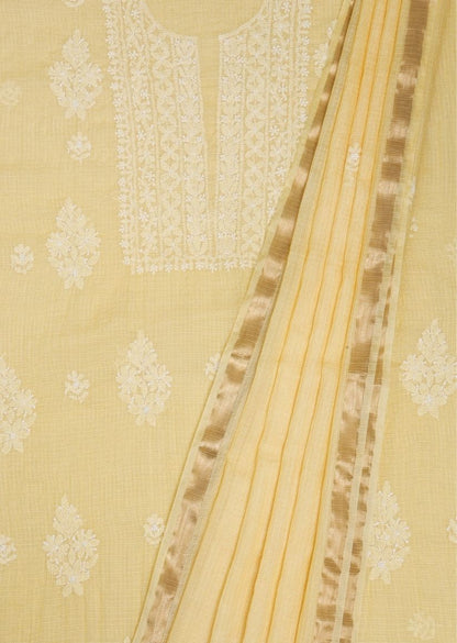 Firgun Yellow Lucknowi Chikankari Kota Unstitched Kurta & Dupatta Set