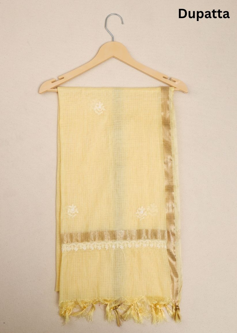 Firgun Yellow Lucknowi Chikankari Kota Unstitched Kurta & Dupatta Set