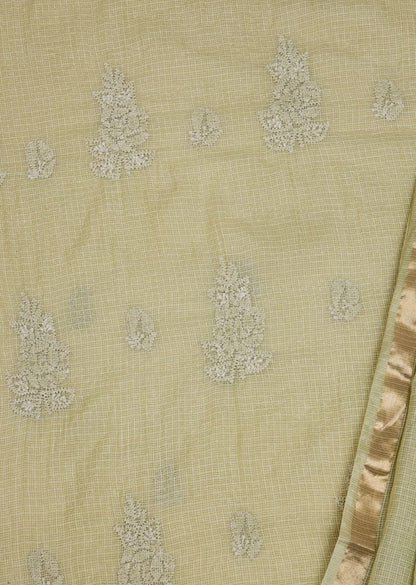 Firgun Mehendi Green Lucknowi Chikankari Kota Unstitched Kurta & Dupatta Set