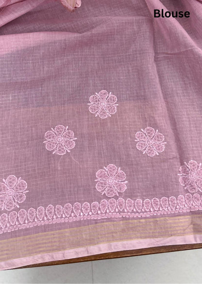 Firgun Onion Pink Lucknowi Chikankari Mul Cotton Saree with Unstitched Blouse Piece