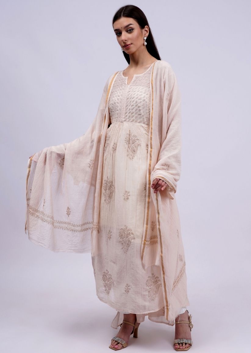 Firgun Beige Lucknowi Chikankari Viscose Mul Chanderi Semi-stitched Anarkali & Dupatta Set