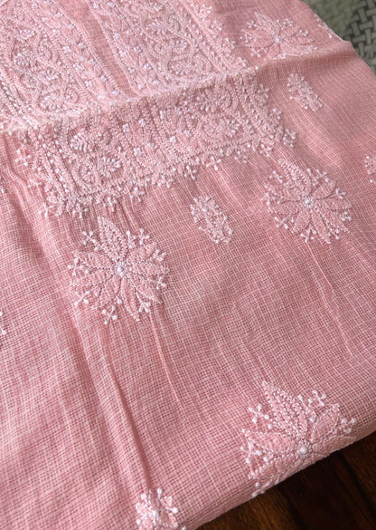 Firgun Peach Lucknowi Chikankari Kota Unstitched Kurta & Dupatta Set