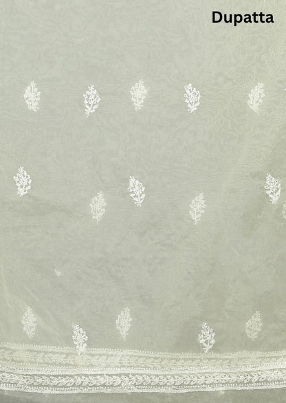 Firgun Lemon Lucknowi Chikankari and Mukaish Work Organza Unstitched Kurta & Dupatta Set