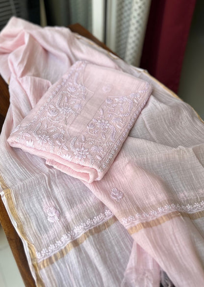 Firgun Baby Pink Lucknowi Chikankari Mul Chanderi Unstitched Kurta & Dupatta Set