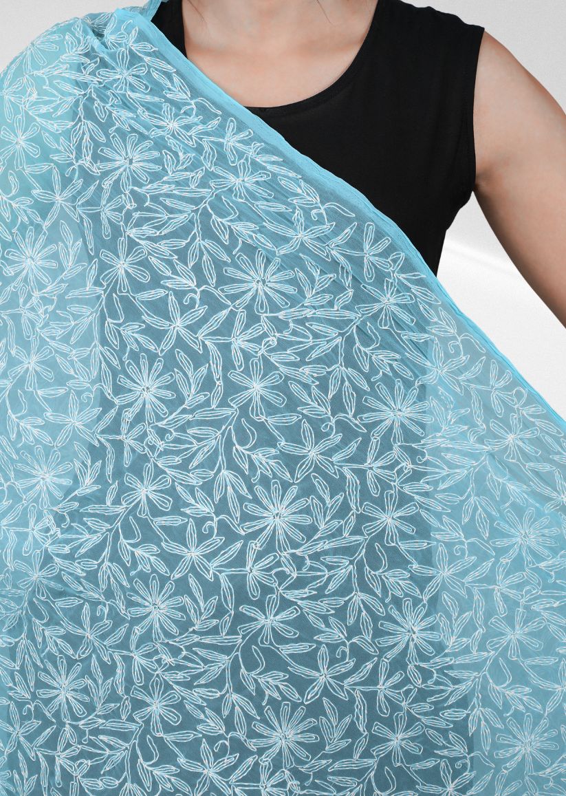 Firgun Firozi Tepchi Lucknowi Chikankari Georgette Dupatta