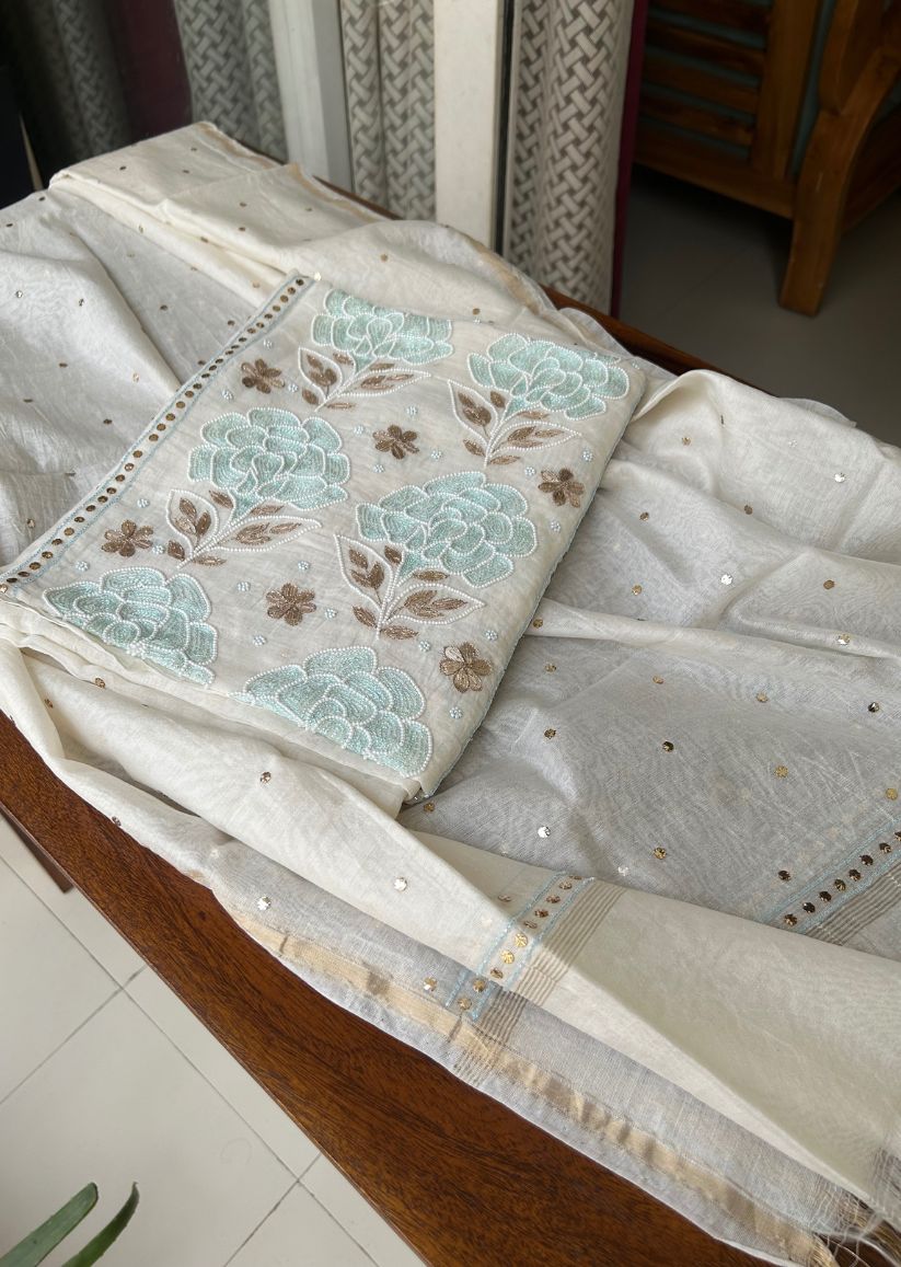 Firgun White Mul Chanderi Unstitched Kurta & Dupatta Set