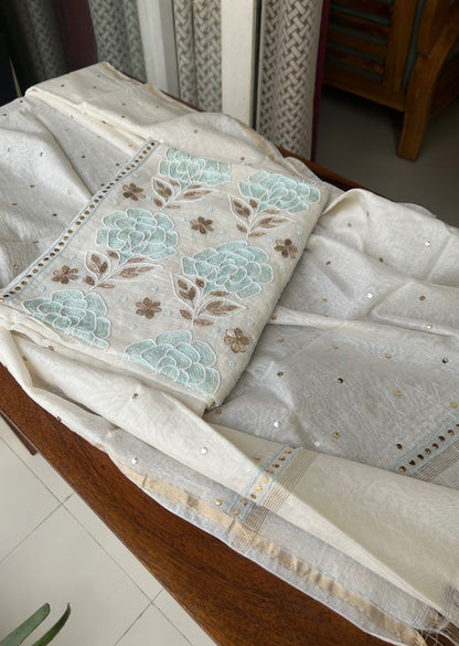 Firgun White Mul Chanderi Unstitched Kurta & Dupatta Set