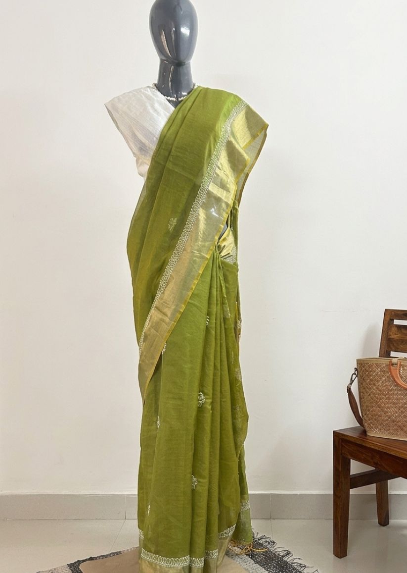 Firgun Olive Lucknowi Chikankari Chanderi Saree with Unstitched Blouse Piece