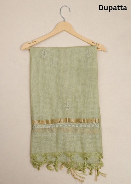 Firgun Mehendi Green Lucknowi Chikankari Kota Unstitched Kurta & Dupatta Set